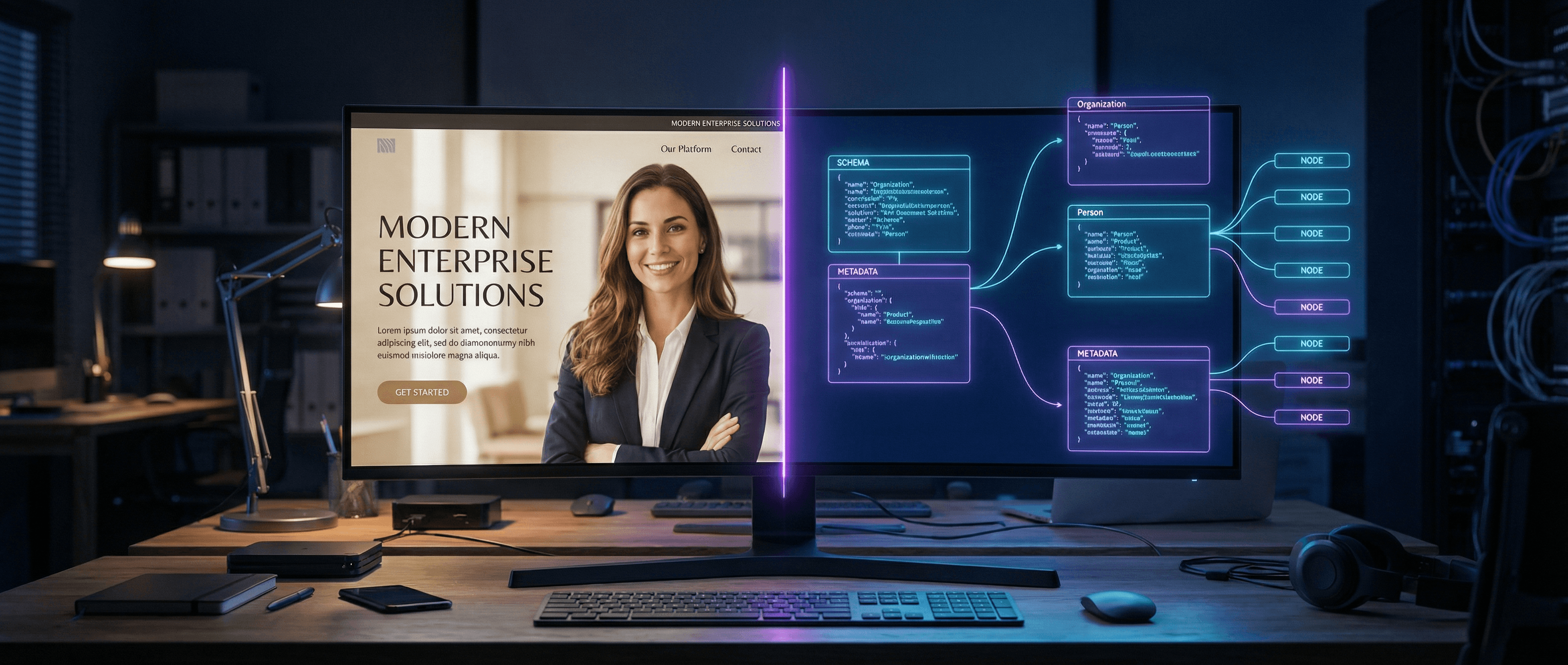 Split screen showing a human browsing and an AI agent parsing the same website
