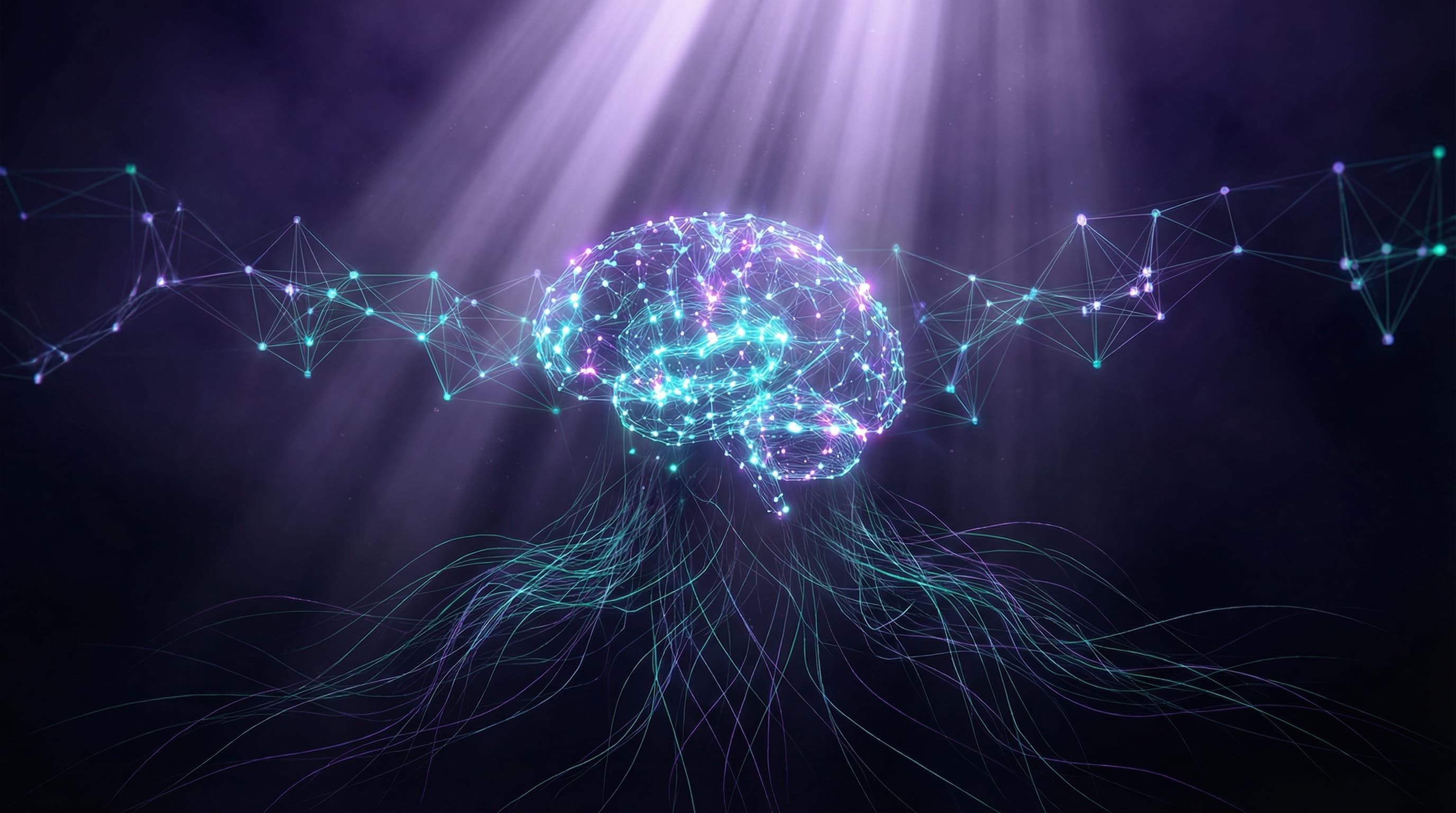 Purple neural network visualization representing AI agent decision pathways